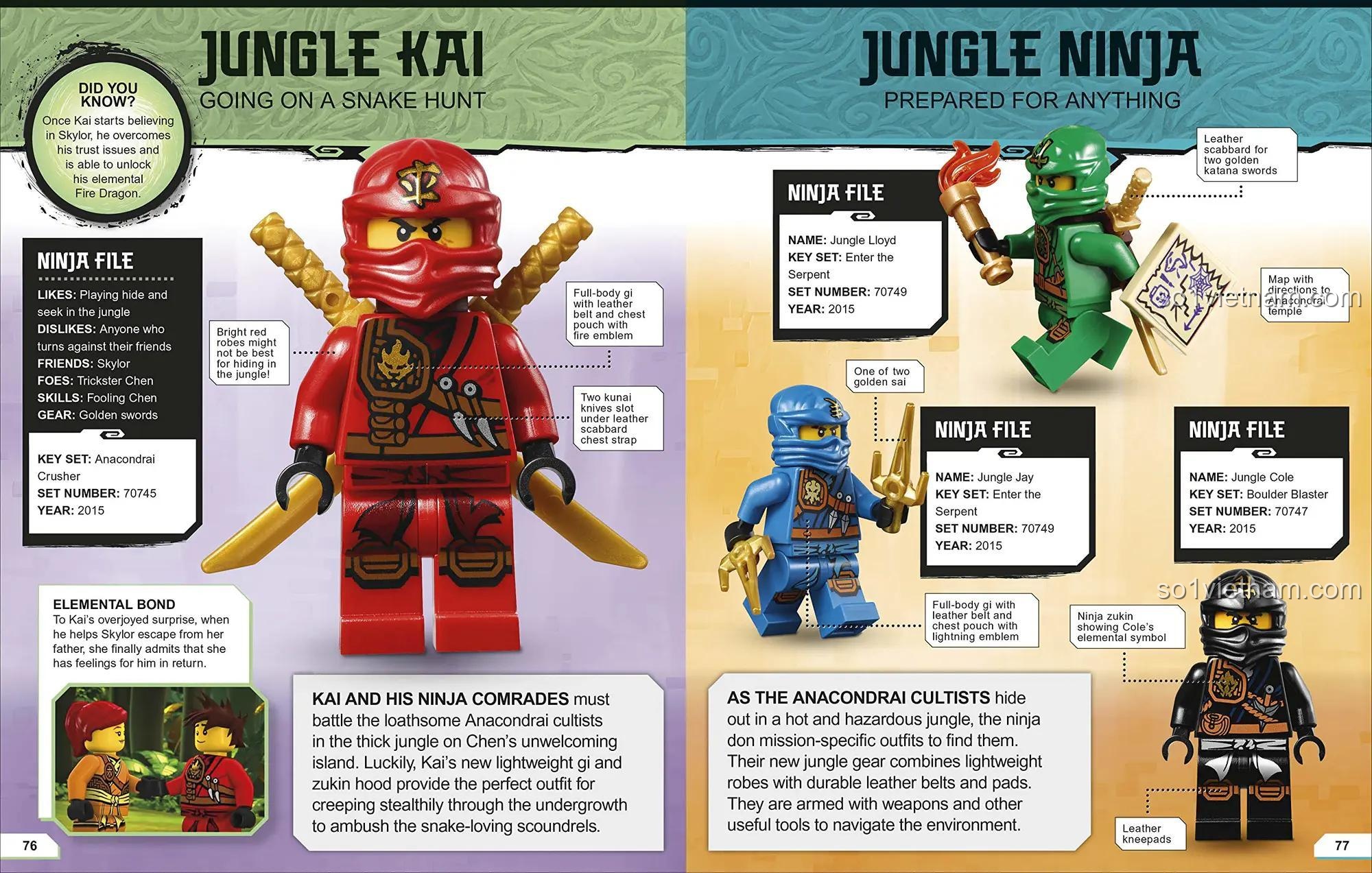 Sách LEGO NINJAGO ISBN9780744027266 với các ninja Jungle Kai, Jay, Cole, thông tin chi tiết, phù hợp bé trai 6 tuổi, giá rẻ.