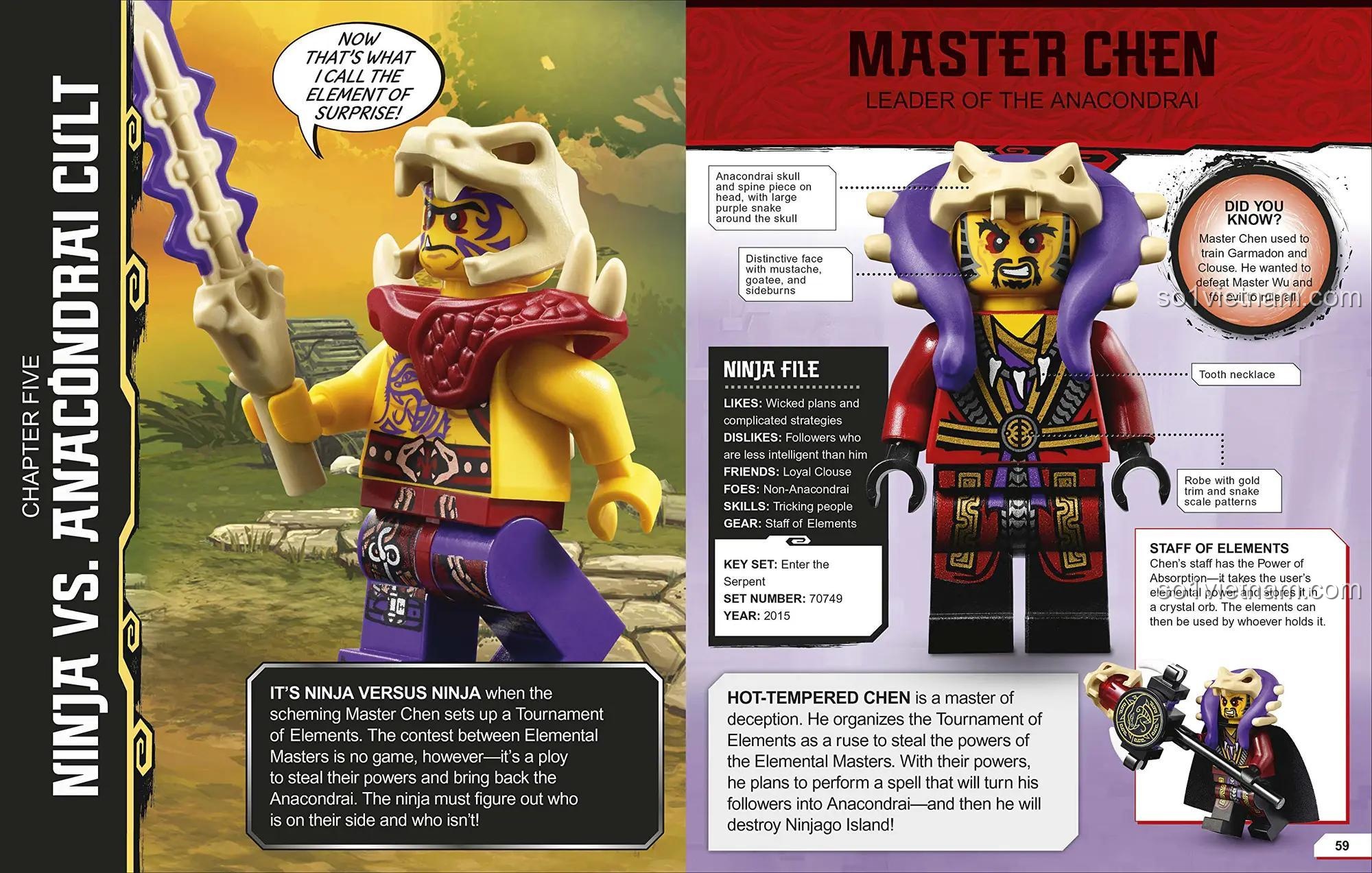 Sách Bách Khoa Toàn Thư Nhân Vật LEGO NINJAGO DK, hình ảnh Master Chen, kèm minifigure Future Nya độc quyền, đáng tiền cho bé trai 6 tuổi.