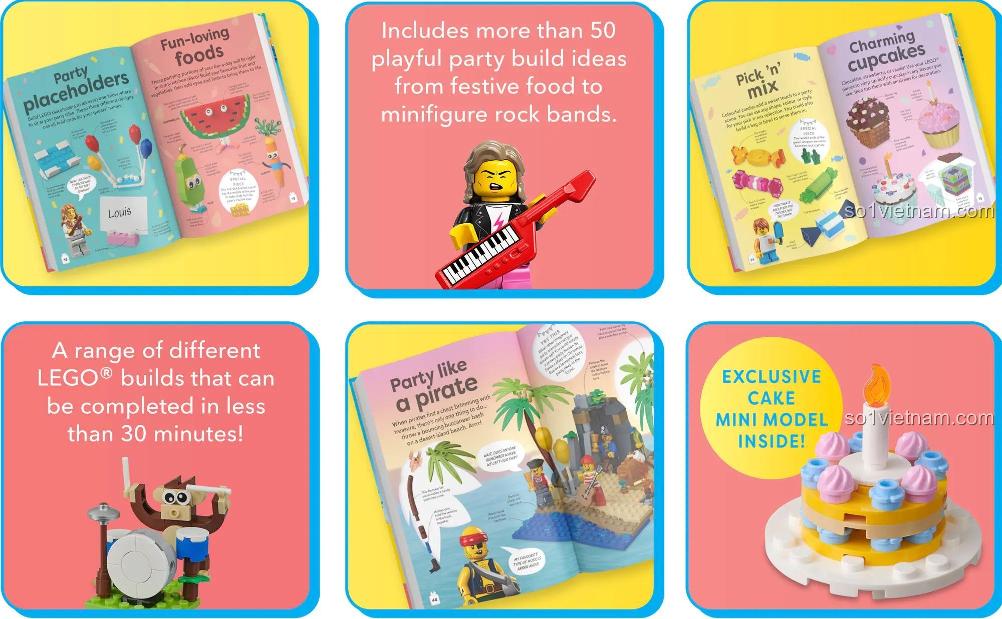 DK Sách Ý Tưởng Tiệc Tùng Ý Tưởng Tiệc Tùng 54576, bao gồm hơn 50 ý tưởng lắp ghép tiệc tùng vui nhộn từ đồ ăn lễ hội đến ban nhạc rock minifigure.