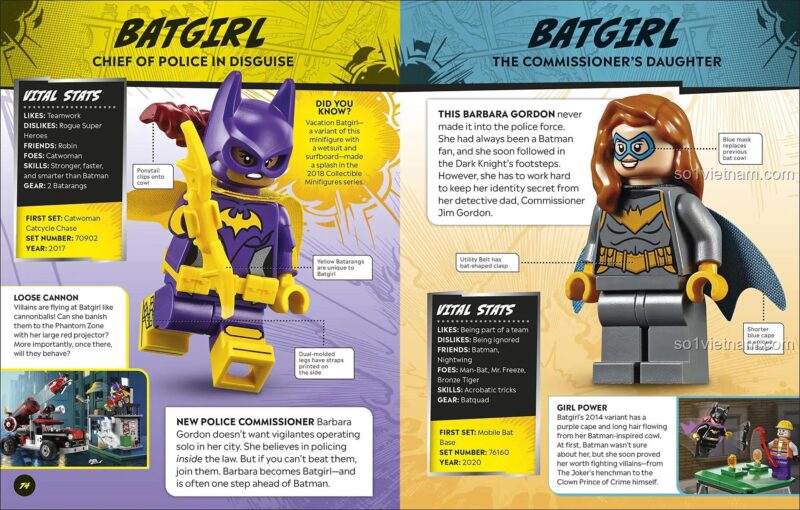 Trang trong sách Bách Khoa Toàn Thư LEGO DC DK giới thiệu nhân vật Batgirl, chi tiết minifigure, dành cho bé trai 6 tuổi.