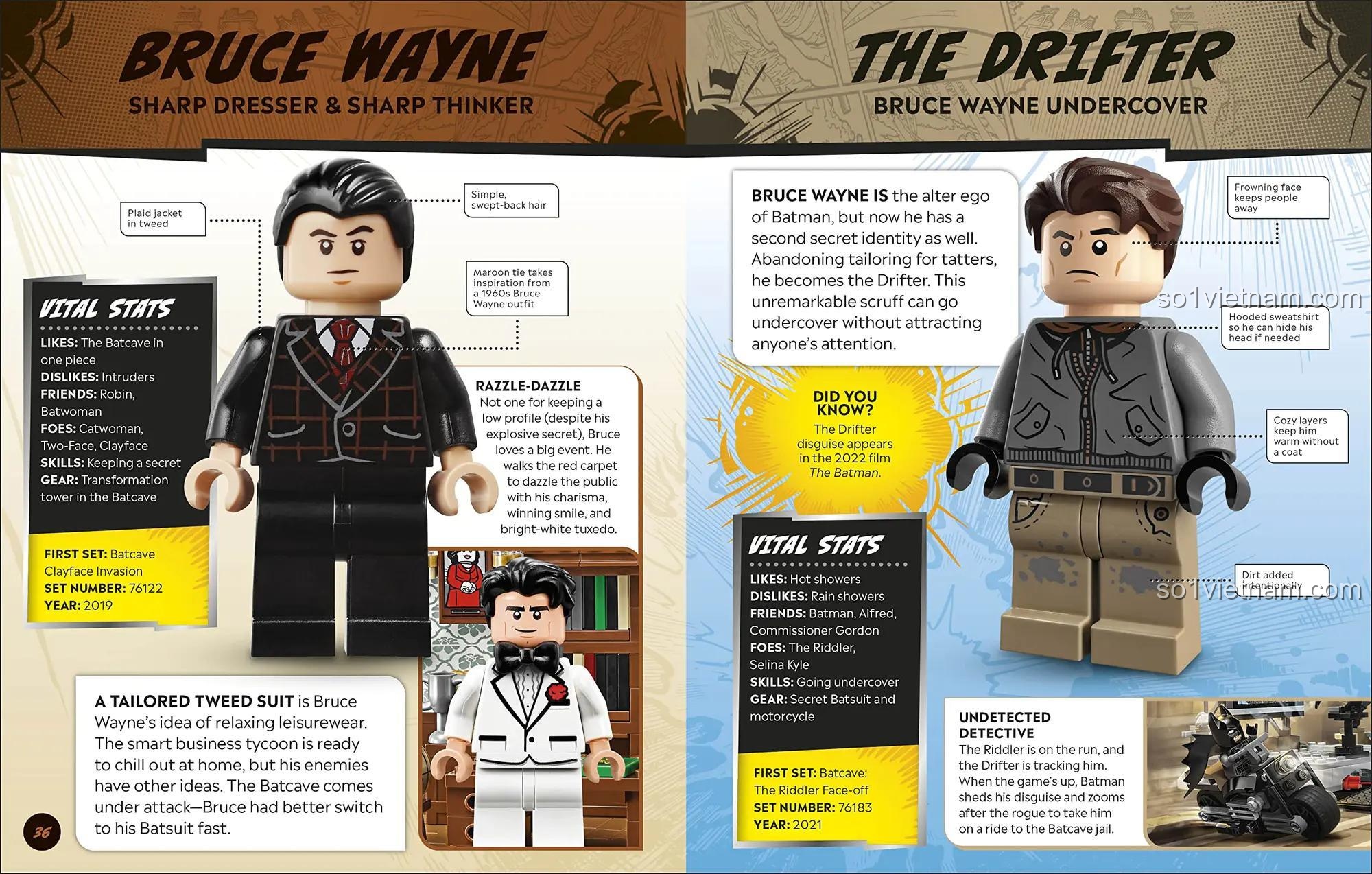 Trang trong sách nhân vật siêu anh hùng DC DK giới thiệu Bruce Wayne và The Drifter, dành cho bé trai 6 tuổi.