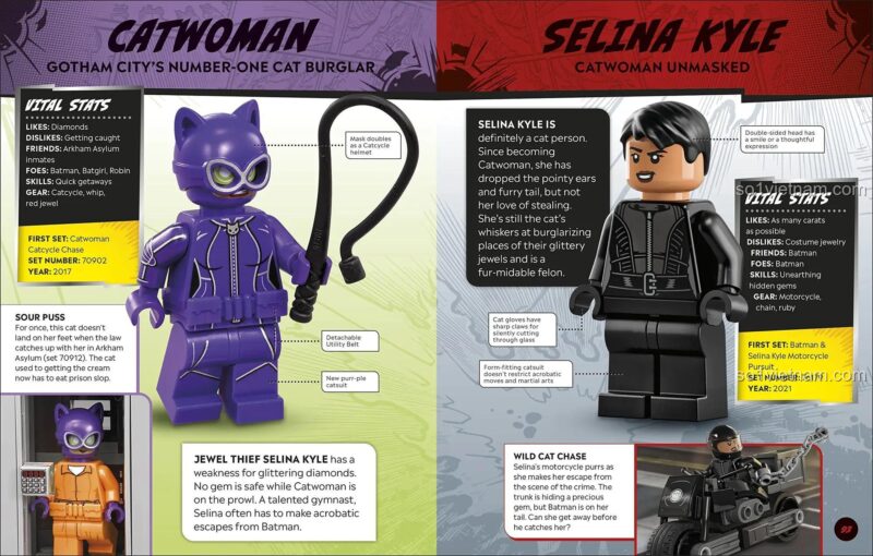Trang trong sách nhân vật siêu anh hùng DC ISBN9780744054583 giới thiệu Catwoman, chi tiết minifigure, dành cho bé trai 6 tuổi.