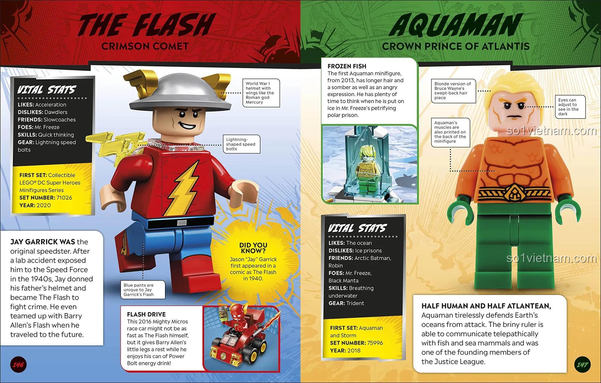 Trang trong sách nhân vật siêu anh hùng DC DK giới thiệu The Flash và Aquaman, dành cho bé trai 6 tuổi.