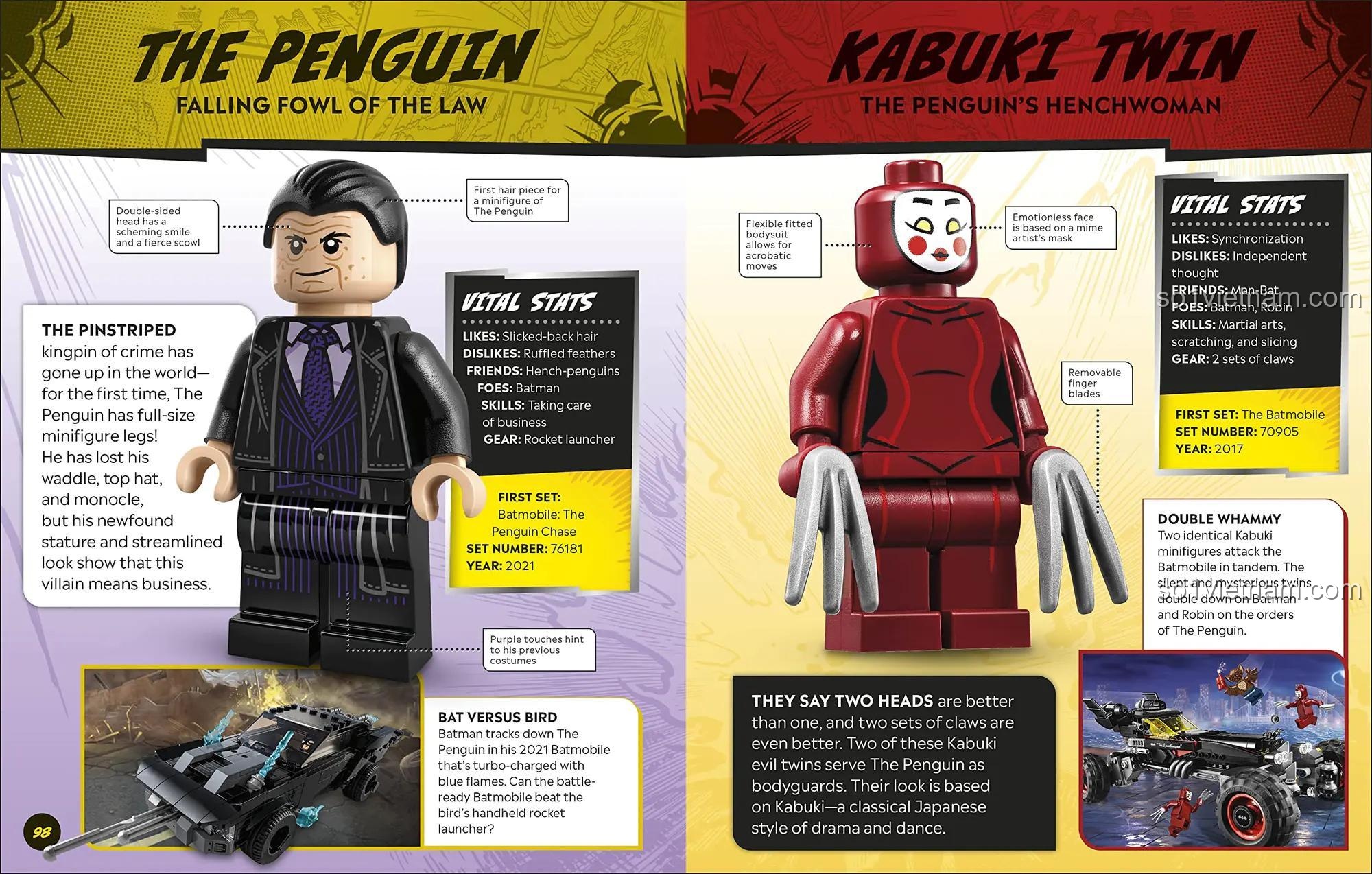 Trang trong sách Bách Khoa Toàn Thư Nhân Vật DC Comics DK giới thiệu The Penguin và Kabuki Twin, dành cho bé trai 6 tuổi.