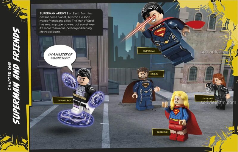 Trang trong sách Bách Khoa Toàn Thư LEGO DC ISBN9780744054583 giới thiệu Superman và bạn bè, dành cho bé trai 6 tuổi.