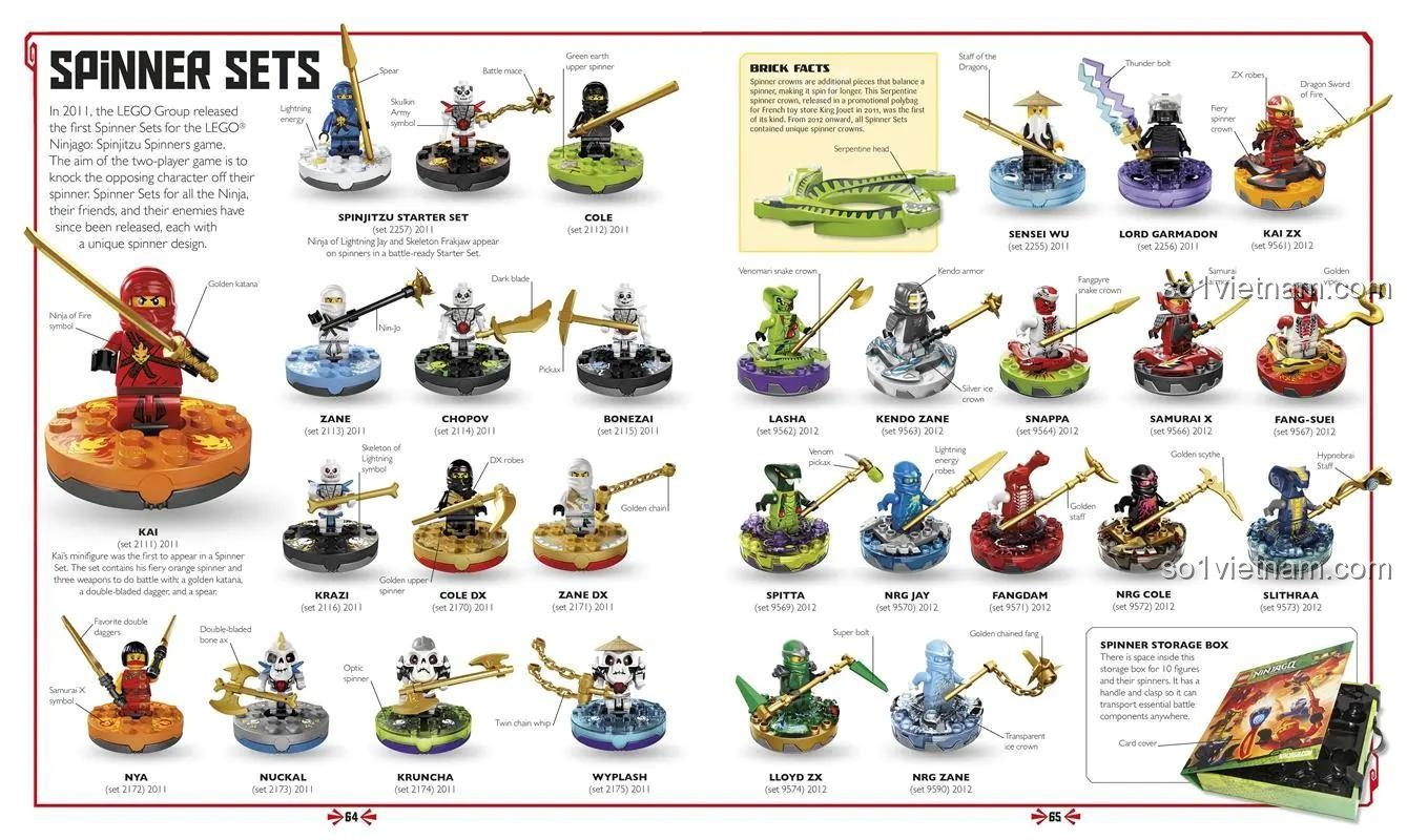Trang nội dung về Spinner Sets trong sách đồ chơi Ninjago, đồ chơi mô hình Ninjago giúp bé khám phá các nhân vật Ninjago.