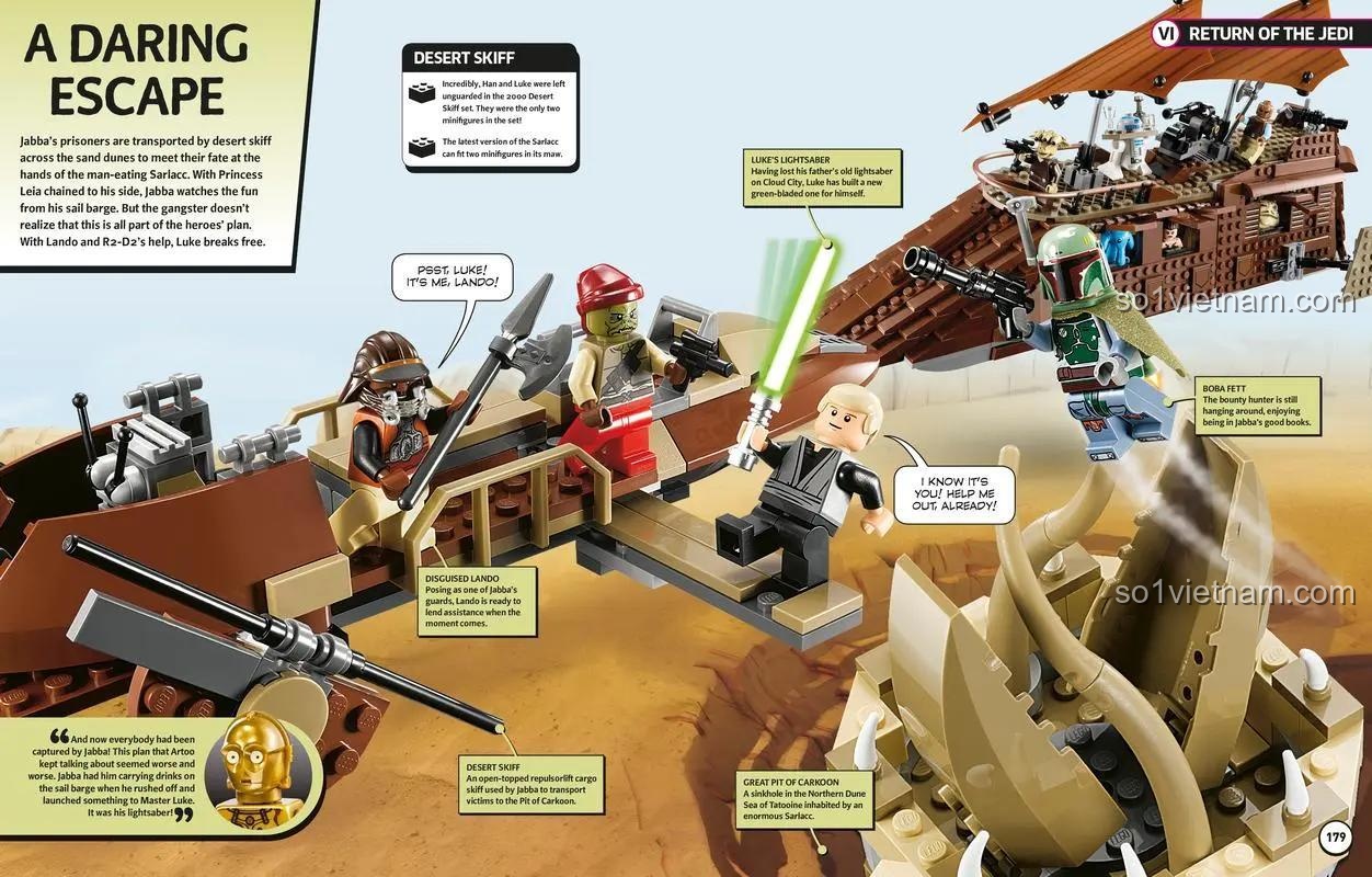 Sách Star Wars in 100 Scenes DK ISBN9781465434371, cảnh A Daring Escape với Jabba's Sail Barge, sách về vũ trụ Star Wars, đồ chơi giáo dục cho fan Star Wars