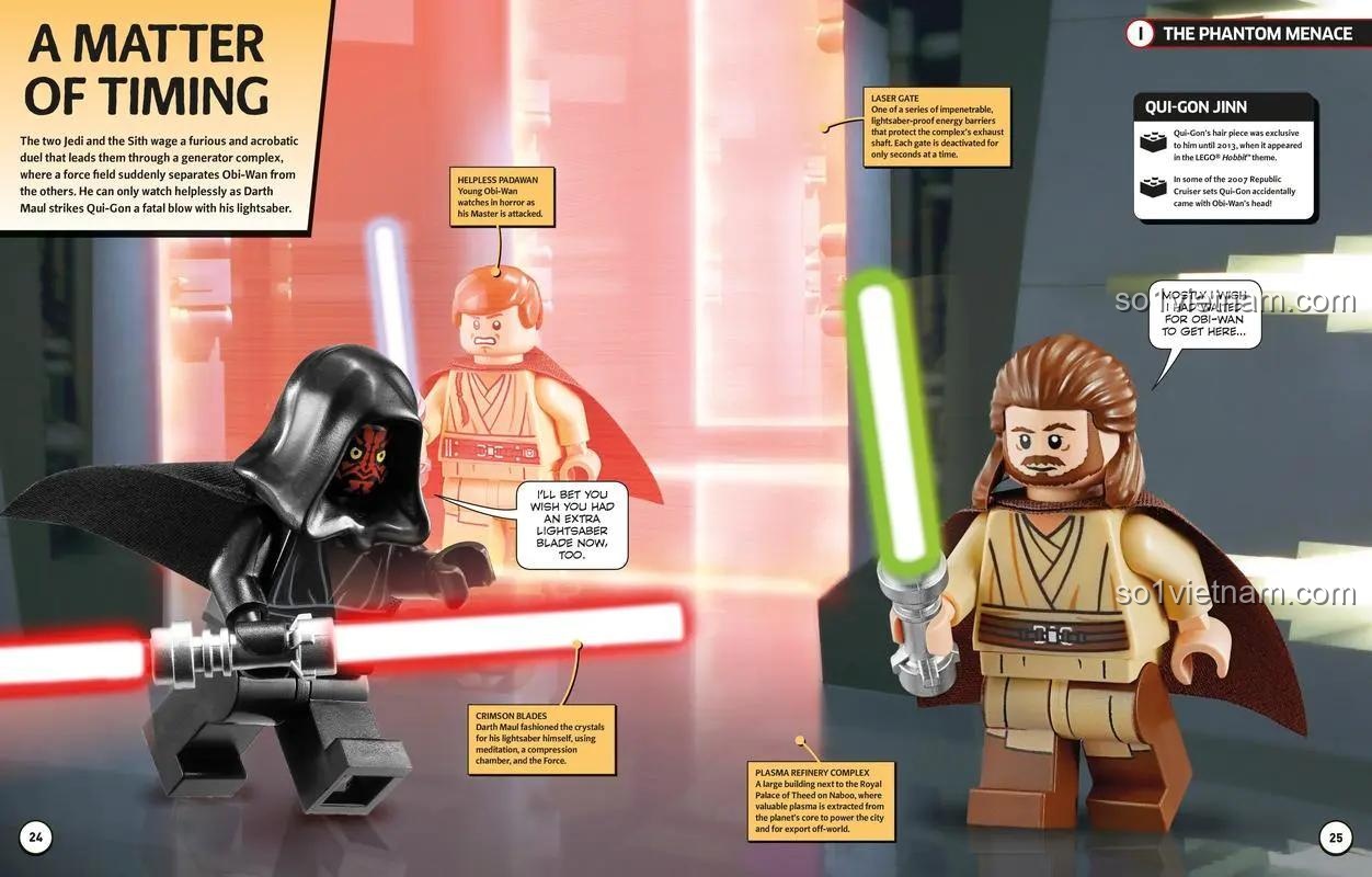 Sách LEGO Star Wars DK ISBN9781465434371, tuyển tập cảnh phim Star Wars, cảnh Qui-Gon Jinn và Darth Maul, đồ chơi giáo dục cho bé trai 8 tuổi