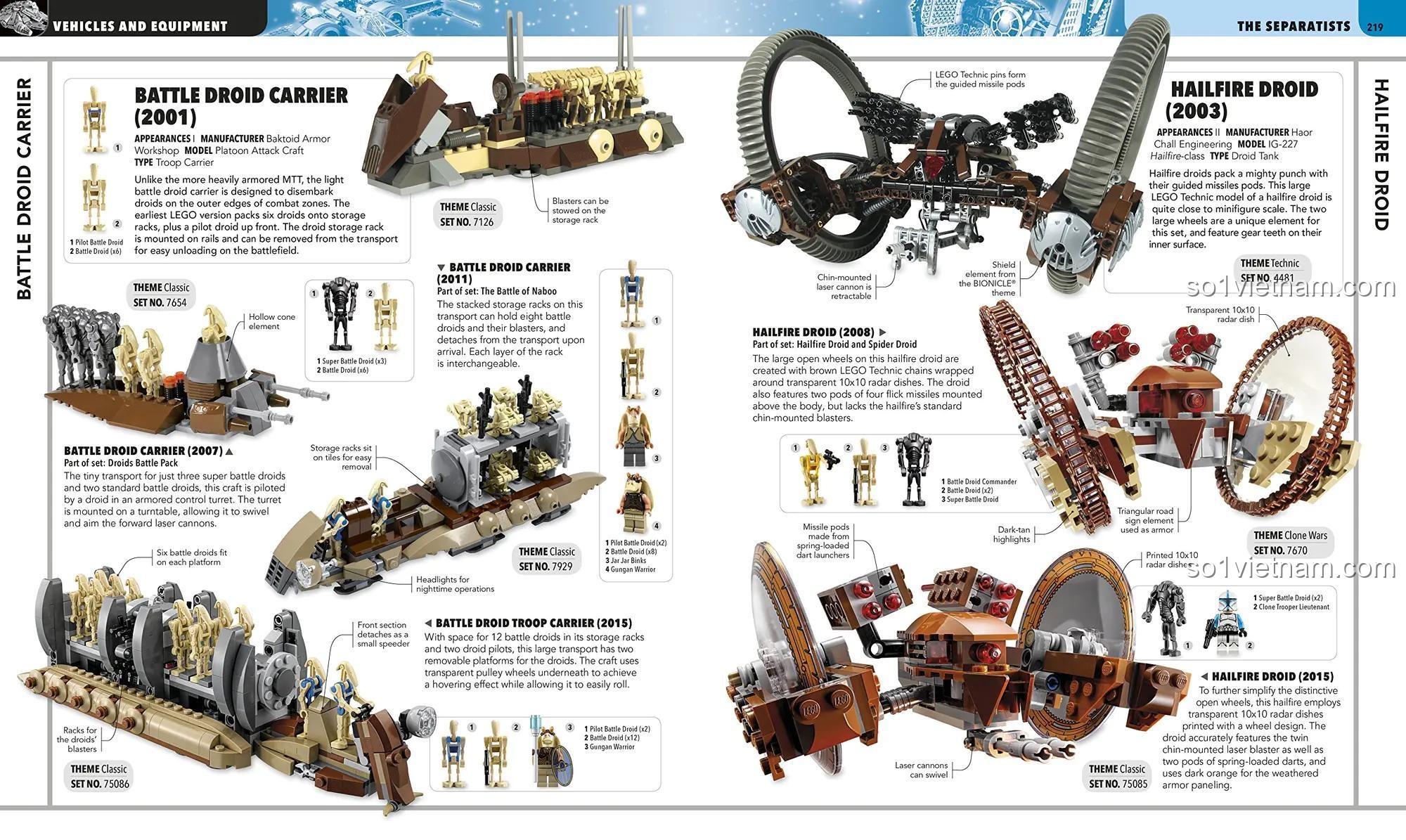 DK Star Wars, trang mô tả Battle Droid Carrier và Hailfire Droid, chi tiết phương tiện Star Wars, khám phá vũ trụ LEGO® Star Wars