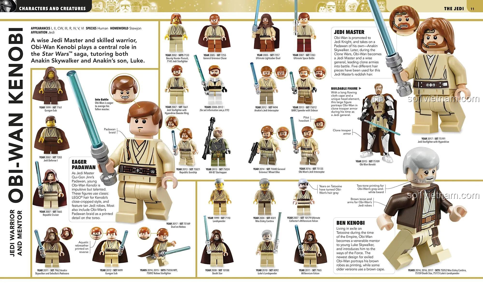 Sách ISBN9781465455581, trang giới thiệu các phiên bản minifigure Obi-Wan Kenobi, chi tiết nhân vật Star Wars, hướng dẫn toàn tập cho con trai 12 tuổi