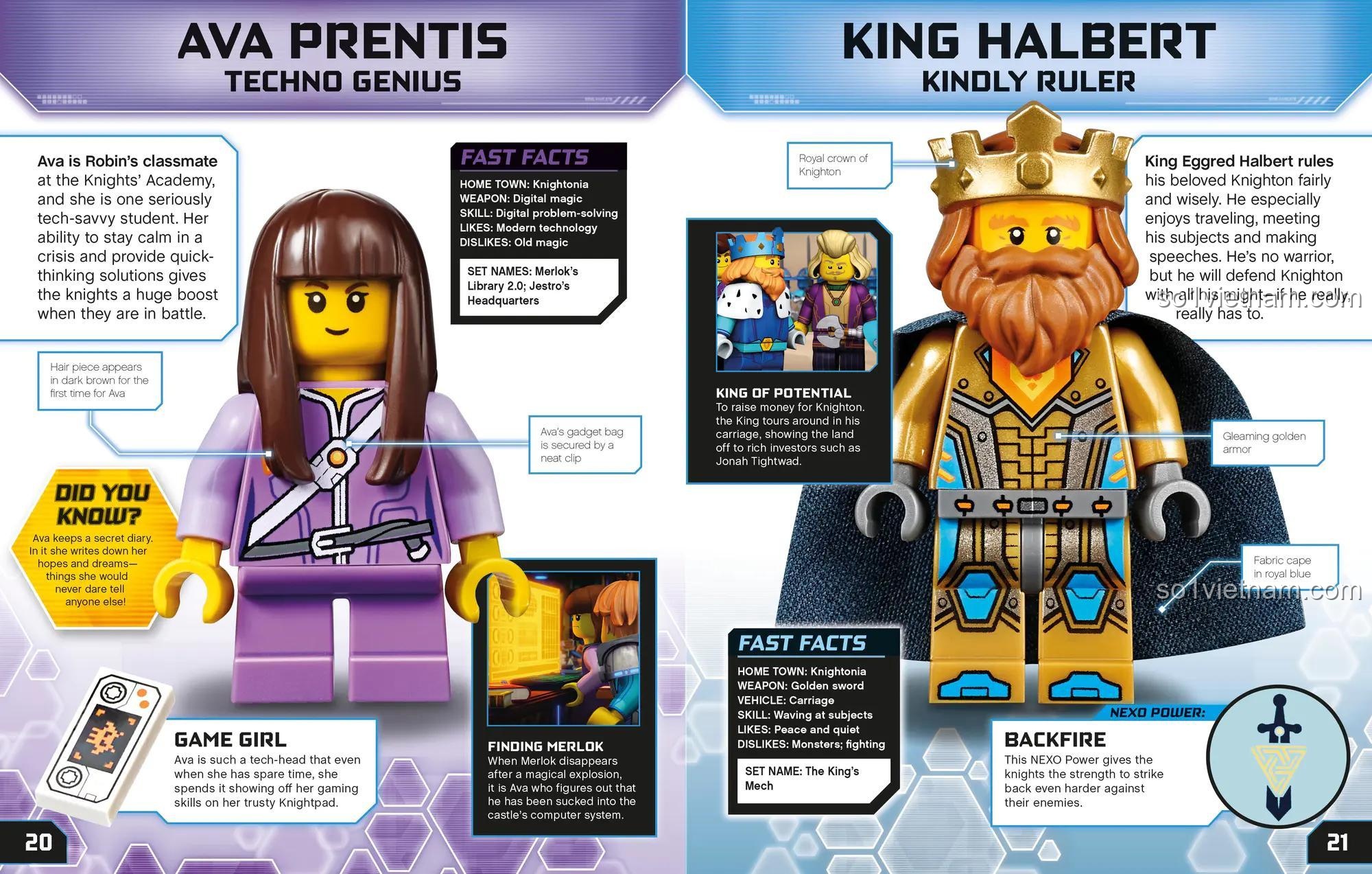 Nhân vật LEGO NEXO KNIGHTS DK, Bách khoa toàn thư nhân vật NEXO KNIGHTS ISBN9781465463258, trang giới thiệu Ava Prentis và King Halbert, nhân vật LEGO NEXO KNIGHTS cho bé trai 6 tuổi