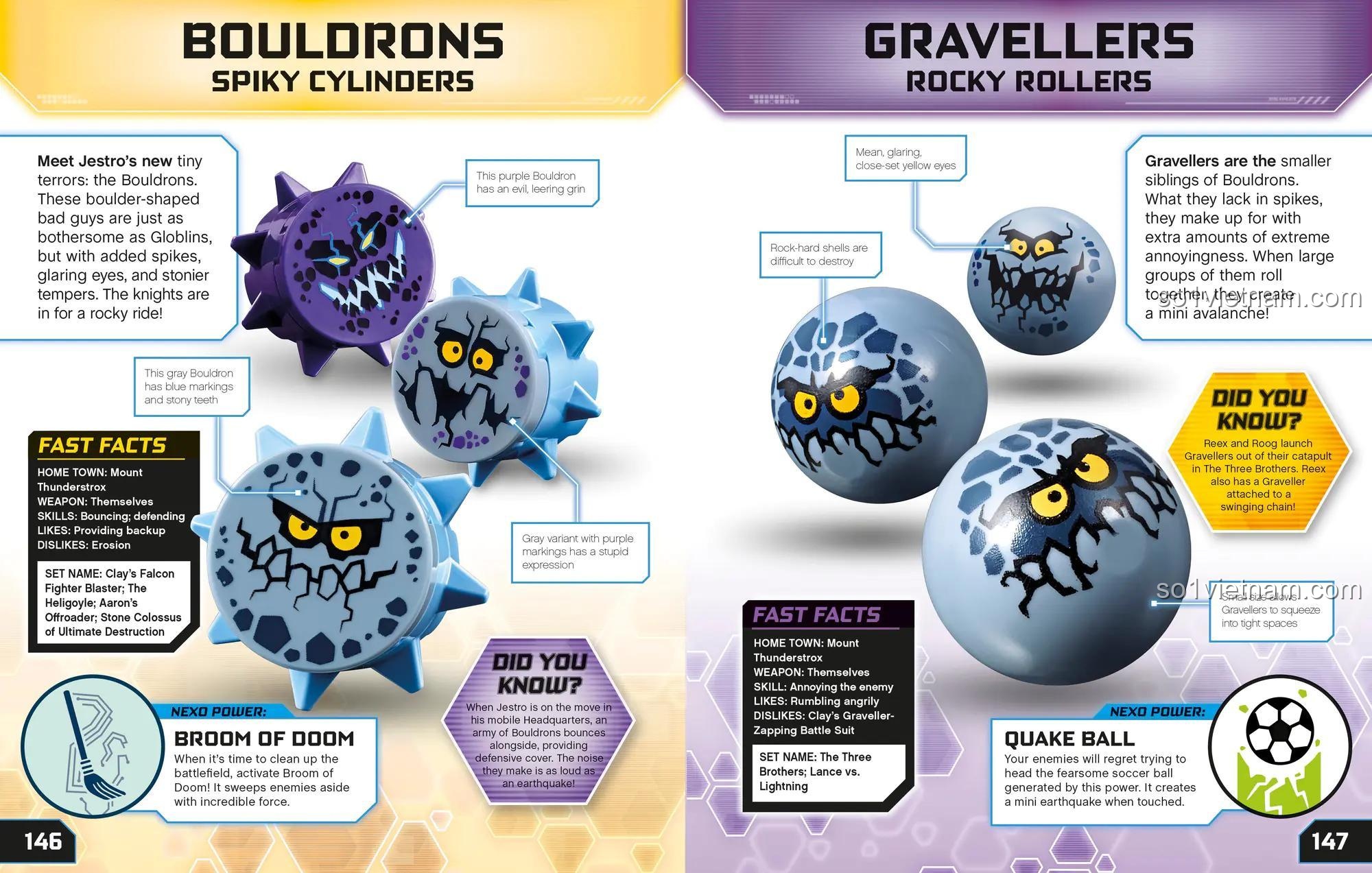 bộ đồ chơi DK ISBN9781465463258, đồ chơi mô hình ISBN 9781465463258, trang giới thiệu Bouldrons và Gravellers, nhân vật LEGO NEXO KNIGHTS cho bé trai 6 tuổi