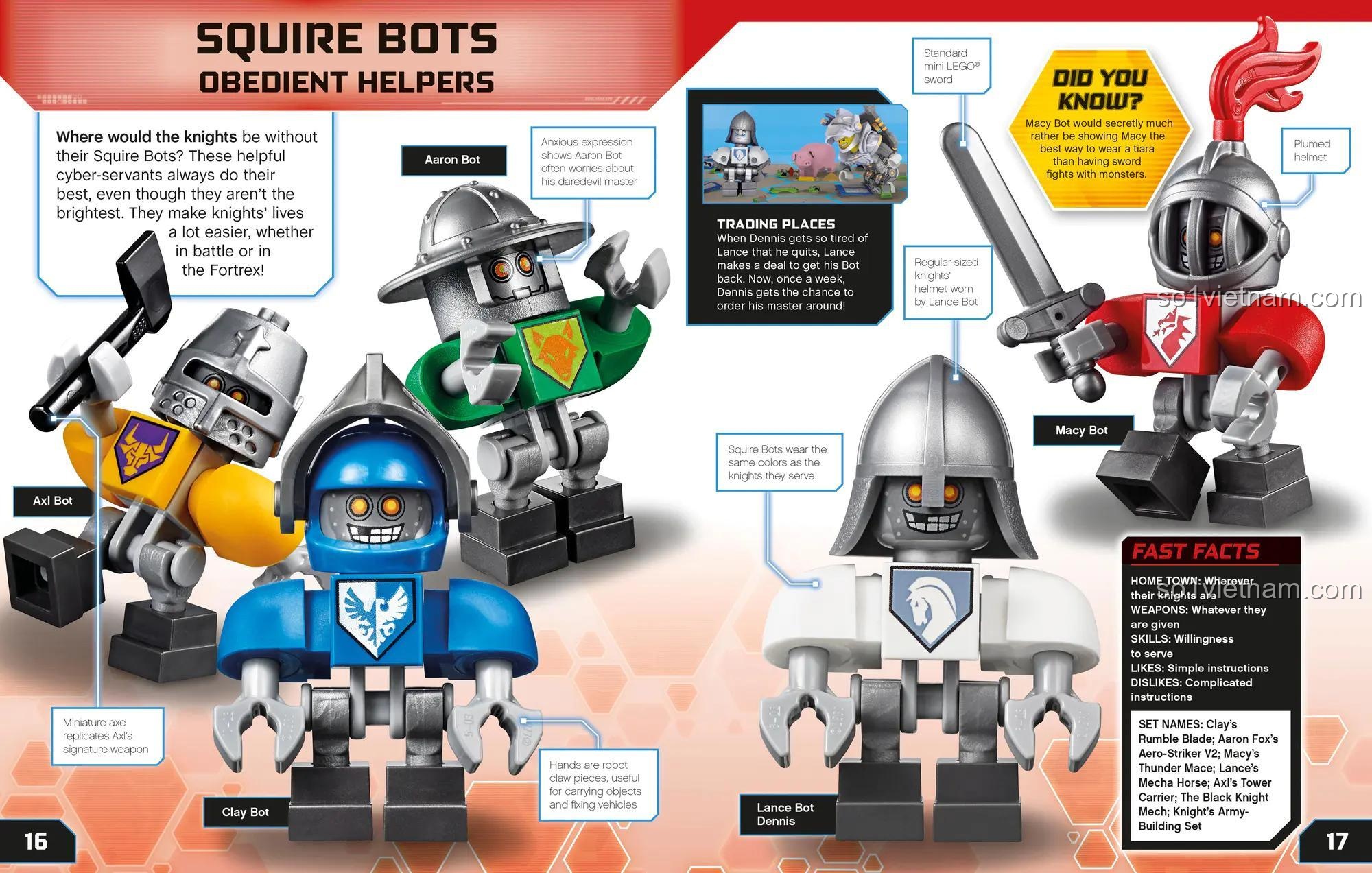 bộ đồ chơi DK, đồ chơi mô hình ISBN9781465463258, trang giới thiệu Squire Bots, nhân vật LEGO NEXO KNIGHTS cho bé trai 6 tuổi