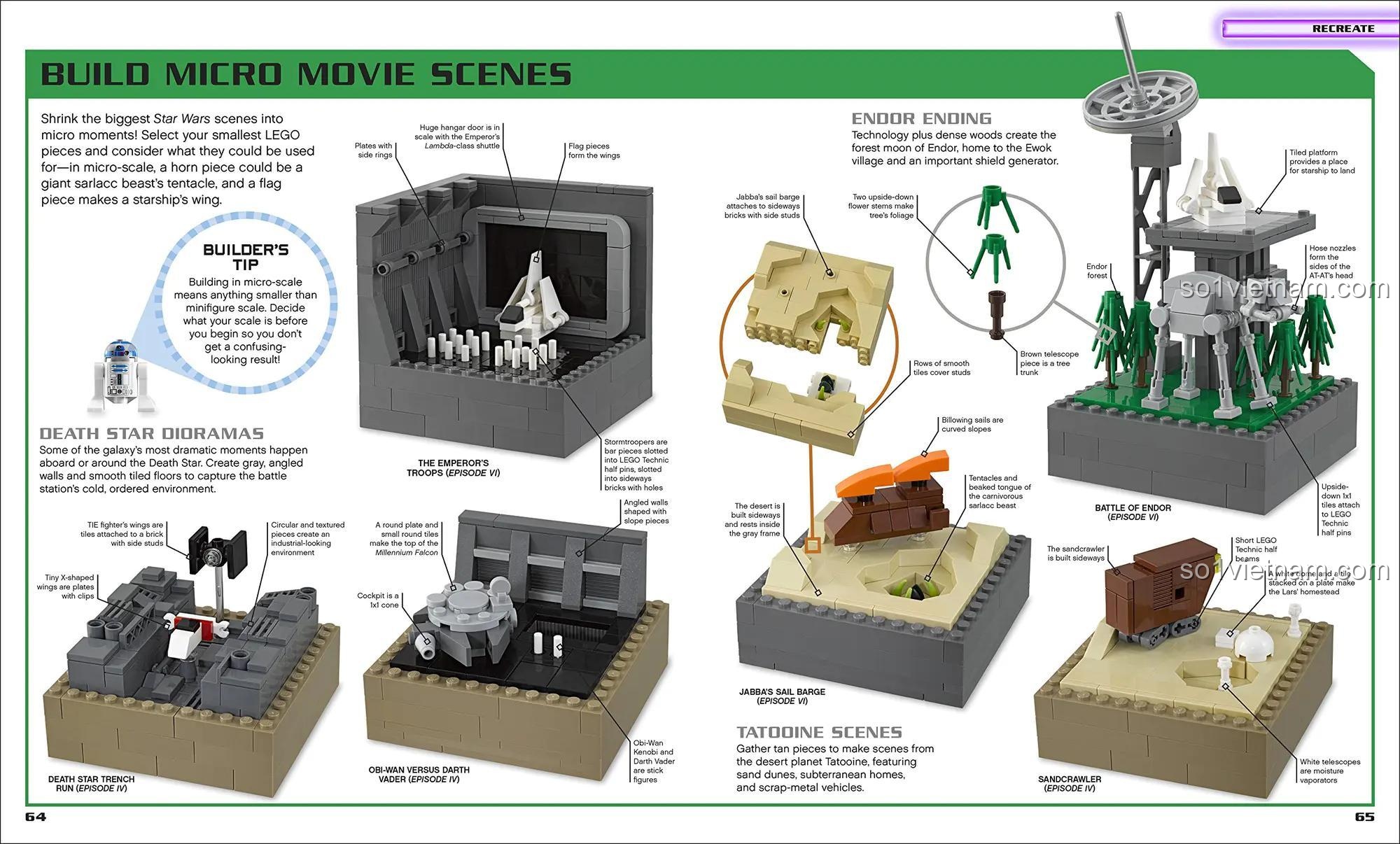 Sách hướng dẫn lắp ráp ISBN9781465467058, ý tưởng xây dựng cảnh phim Death Star Dioramas và Endor Ending, rèn luyện tư duy hệ thống cho bé.