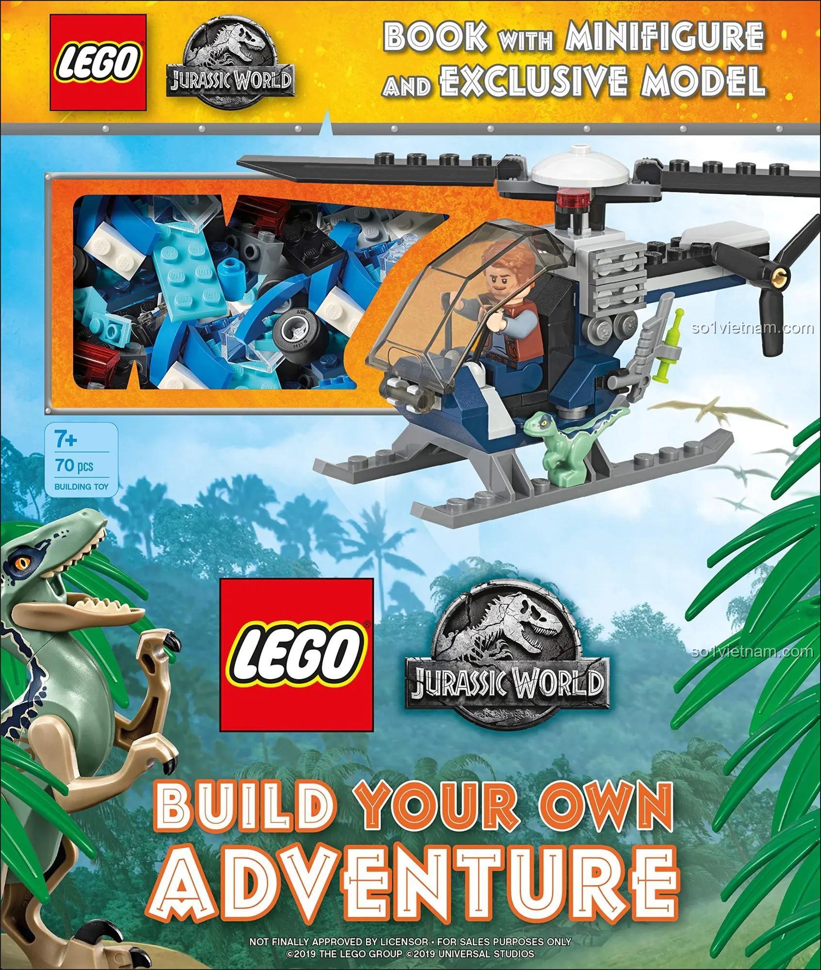 Sách hướng dẫn lắp ráp LEGO 1465493279 Sách LEGO Jurassic World Build Your Own Adventure hộp tiếng Anh, 70 mảnh ghép, Kèm Minifigure Owen, mô hình trực thăng, giá rẻ cho bé trai 6 tuổi