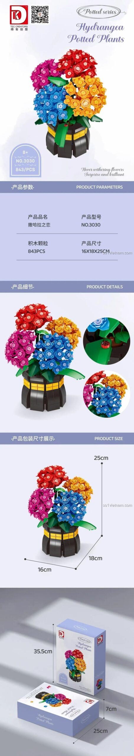 Thông tin kích thước mô hình Hoa Cẩm Tú Cầu DK3030 và hộp sản phẩm, chi tiết bộ lắp ghép 843 mảnh