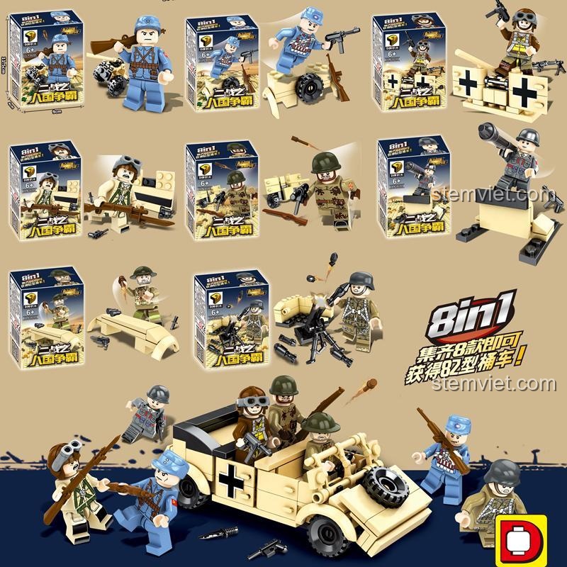 Hộp đồ chơi DLP30205 8in1, lắp ráp xe Jeep Quân Đội và các lính chiến, chất lượng cao, đáng tiền cho bé trai.
