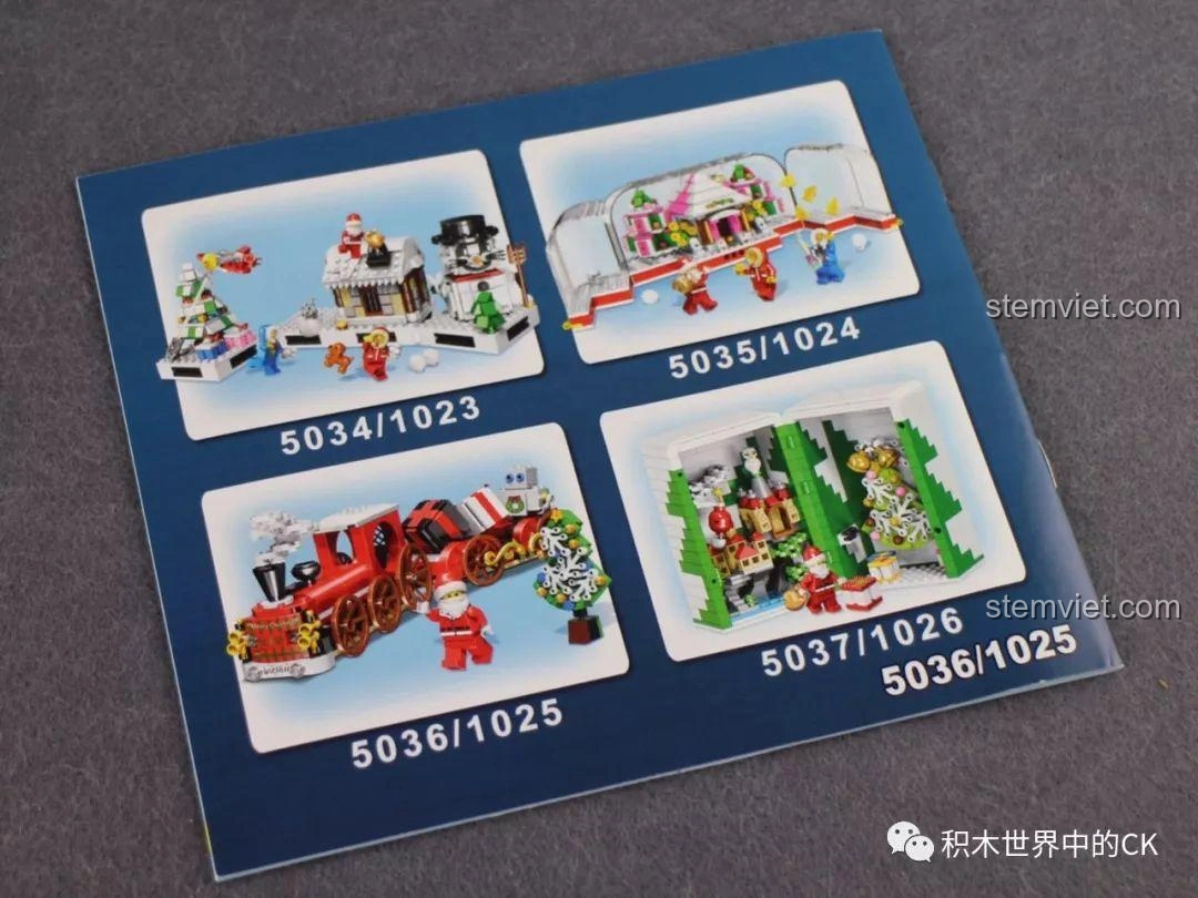 Ảnh mặt sau sách hướng dẫn của bộ đồ chơi lắp ghép Tàu Hỏa Giáng Sinh Winner 5036, giới thiệu các bộ sản phẩm khác trong cùng series Giáng Sinh, kích thích sự sưu tập.