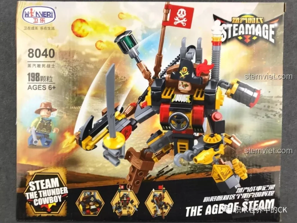 Hộp đồ chơi lắp ráp Chiến Binh Hơi Nước Winner 8040 với hình ảnh robot hải tặc steampunk và minifigure cao bồi.