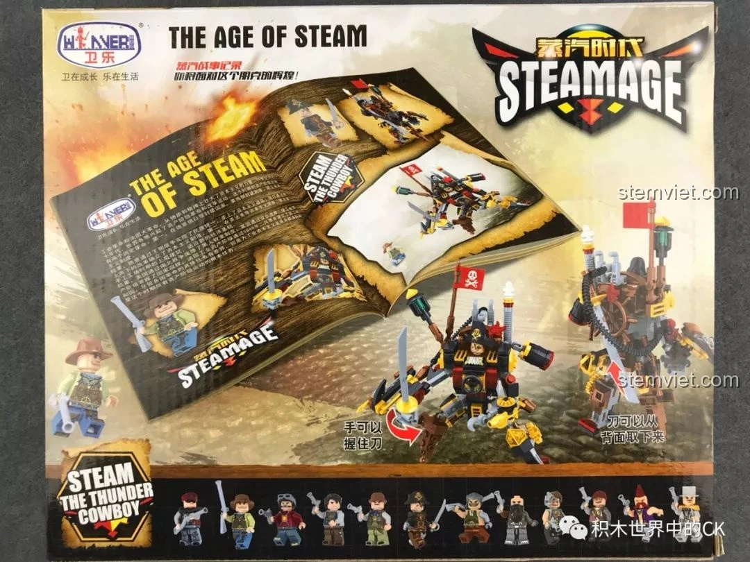 Mặt sau hộp đồ chơi lắp ráp Chiến Binh Hơi Nước Winner 8040 hiển thị các mẫu robot khác trong series SteamAge.