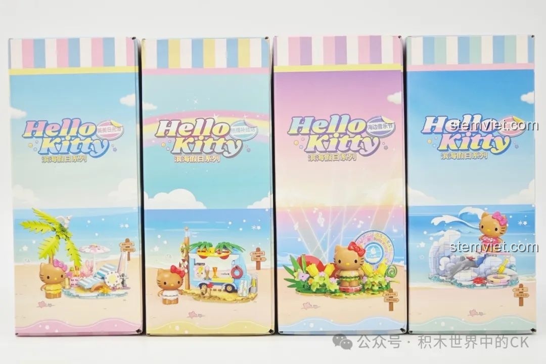 Mặt bên của 4 hộp sản phẩm TOP TOY Hello Kitty Bãi Biển (TC2322-TC2325), tạo thành một bức tranh liền mạch.