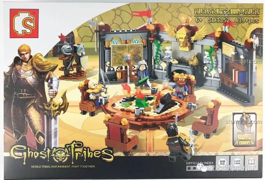 Hộp đồ chơi lắp ráp SEMBO SD3352 Hội Nghị Thánh Quang Diệt Tộc U Minh, hiển thị cảnh hội nghị và các minifigure.