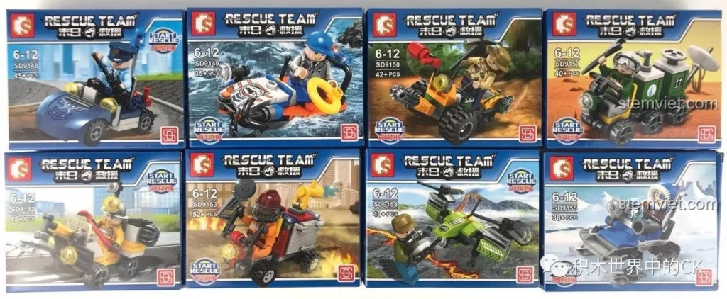 Hình ảnh tổng quan 8 hộp nhỏ của bộ đồ chơi lắp ráp SY Block SD9148 Đội Cứu Hộ Thế Giới Mới, mỗi hộp chứa một mô hình cứu hộ độc đáo.
