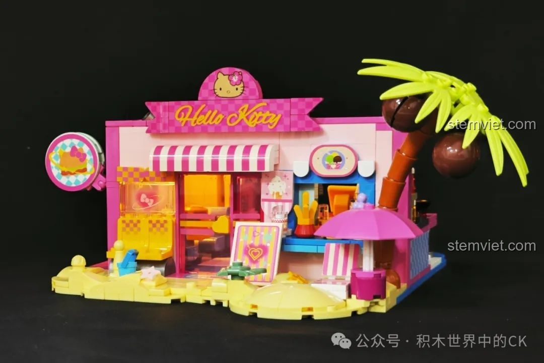 Mô hình Nhà hàng Hamburger Hello Kitty Bãi Biển TC2032 với đèn LED sáng, tạo hiệu ứng lung linh trong bóng tối.