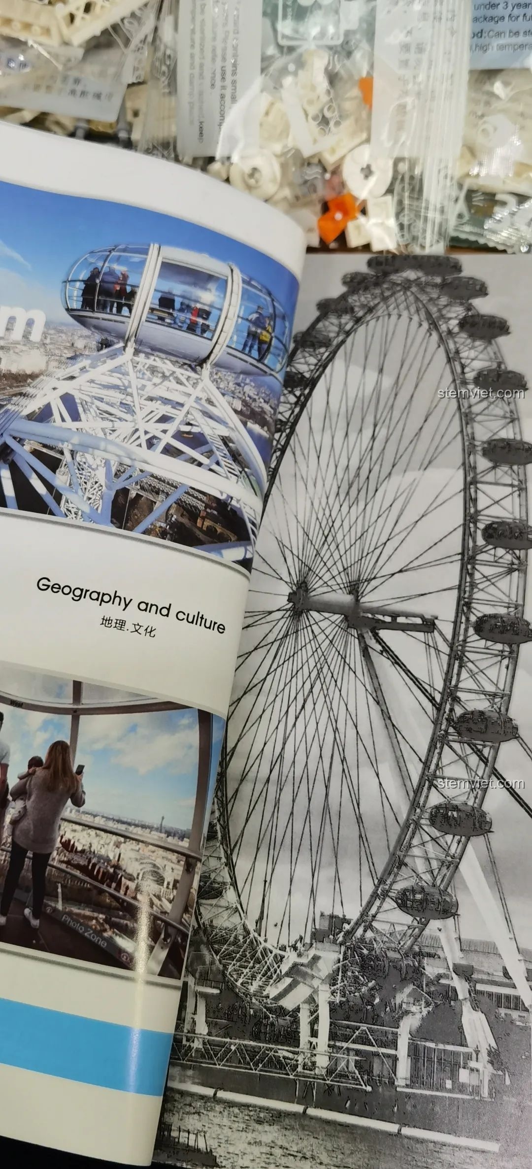 Kích thước tổng thể của mô hình London Eye WANGE 6215 được minh họa trong sách hướng dẫn, giúp người chơi hình dung quy mô.