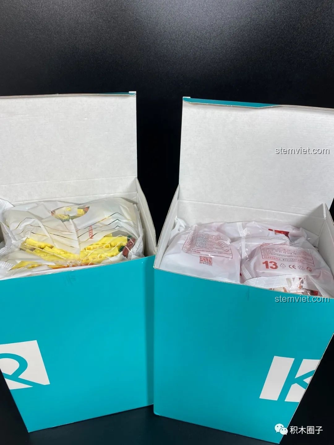 Hai hộp nhỏ chứa đầy ắp các túi gạch của bộ đồ chơi xây dựng Mô hình nhà của Cậu bé bút chì.