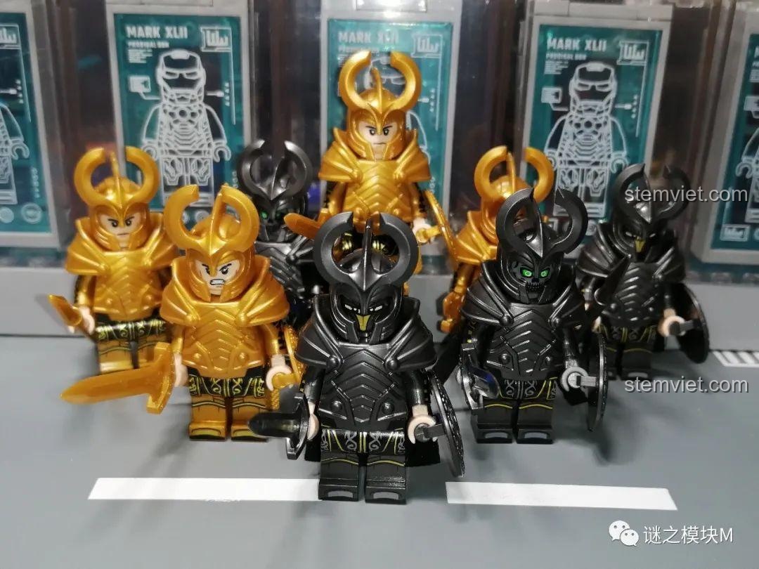 Ảnh chụp nhóm toàn bộ 8 minifigure Vệ binh Asgard KORUIT KT1044 đã lắp ráp hoàn chỉnh.