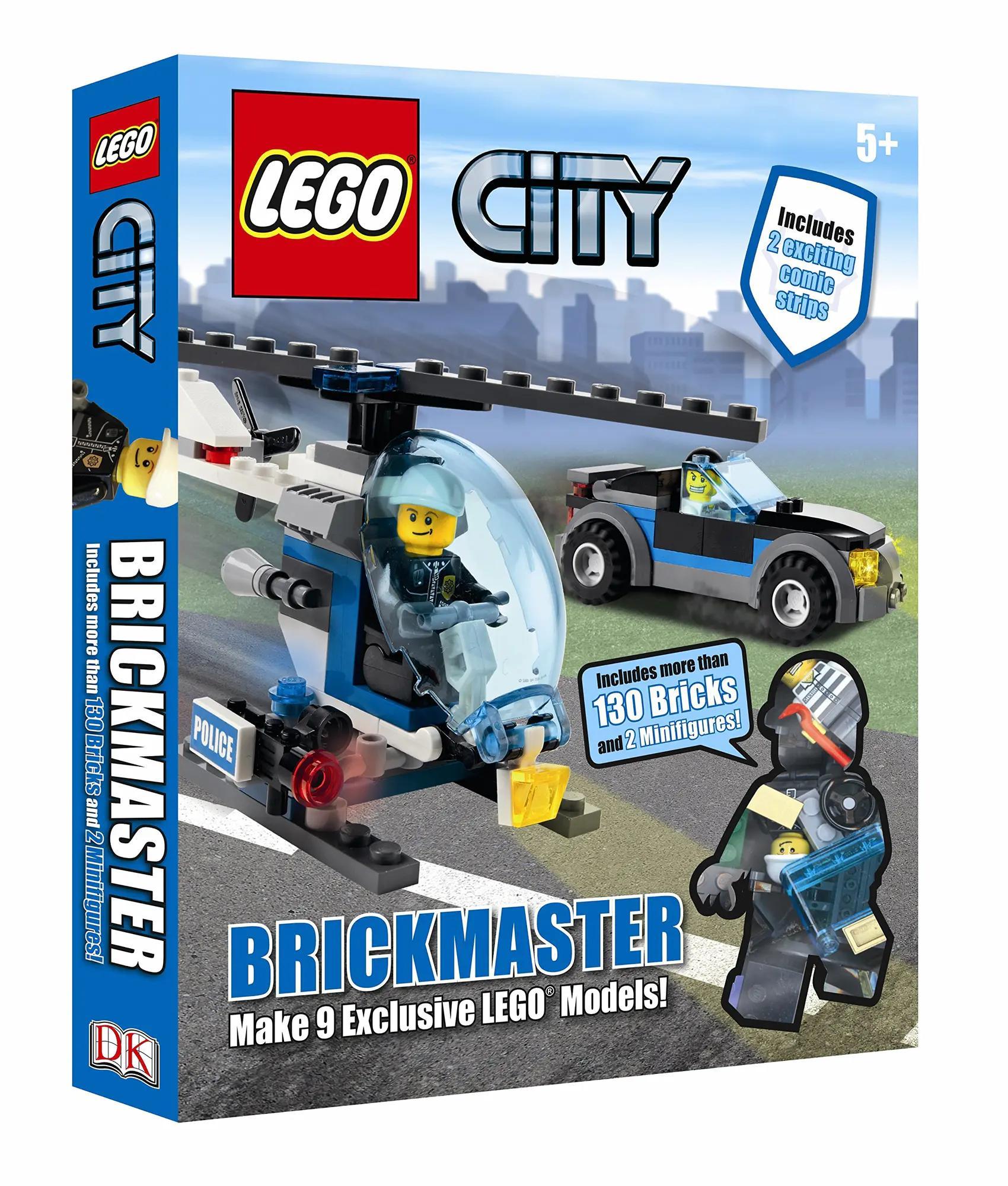Bộ đồ chơi LEGO City: Brickmaster Dorling Kindersley ISBN9781405356237 giá tốt, hộp sản phẩm có hình trực thăng cảnh sát, xe hơi cảnh sát và 2 minifigures, hơn 130 mảnh ghép, lắp được 9 mô hình, phù hợp bé trai 5 tuổi.