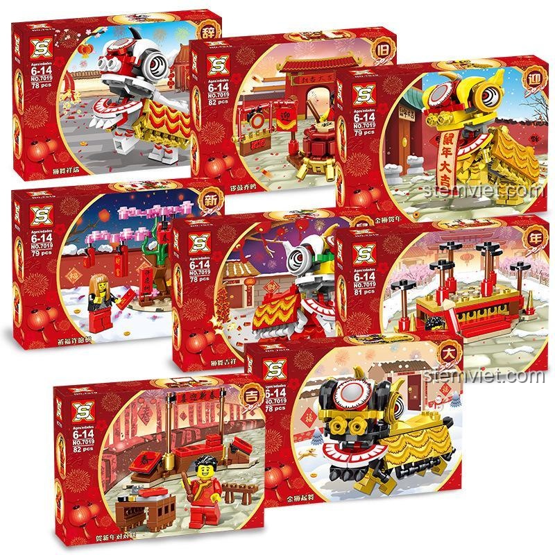 Toàn bộ 8 hộp nhỏ của bộ đồ chơi Múa Lân Sư Tử Double Elephant SX 7019, mỗi hộp là một mô hình riêng biệt, tổng 637 mảnh ghép.