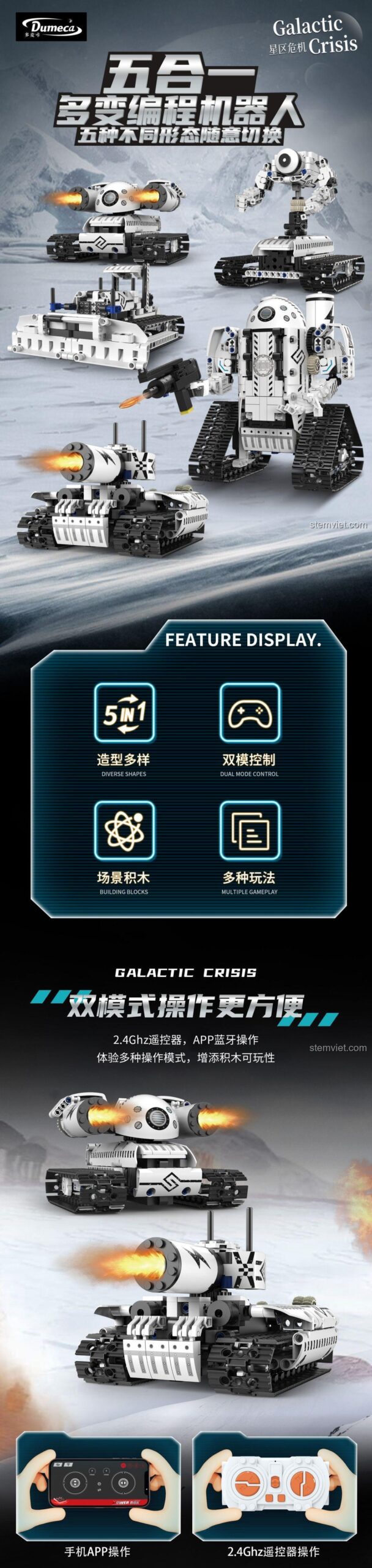 Các dạng biến hình của bộ xếp hình Xe Tăng Robot Dumeca 5002: Robot Thám Hiểm, Robot Trinh Sát, Xe Tăng Pháo Cao Xạ, Xe Tăng Hủy Diệt Từ Xa, Xe Tăng Căn Cứ Phòng Thủ