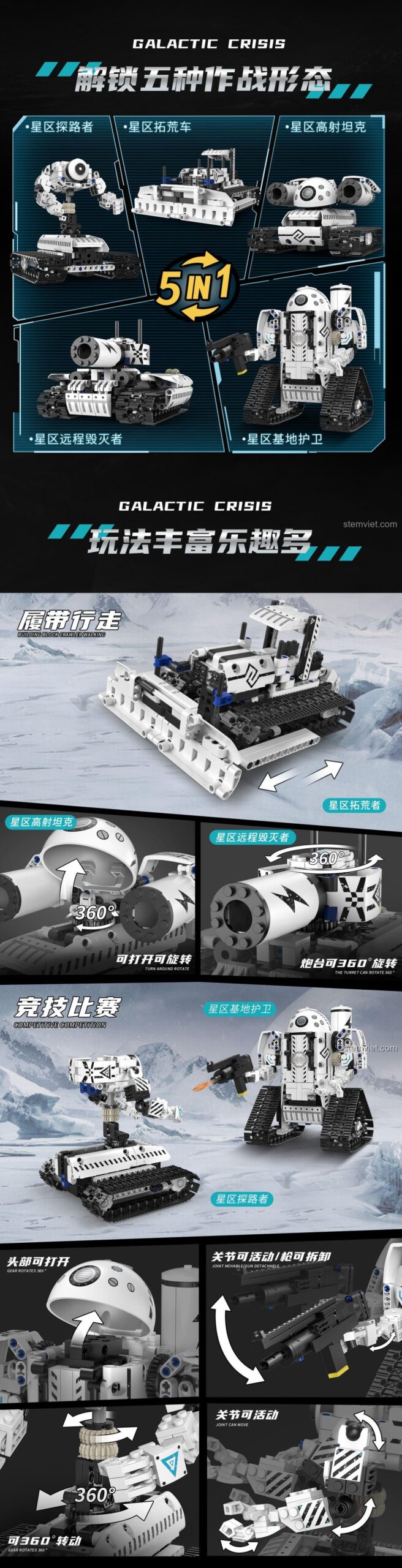 Tính năng chi tiết của đồ chơi lắp ghép Mô Hình Robot Chiến Đấu Dumeca 5002: xoay 360 độ, đầu robot mở được, khớp linh hoạt, cho bé trai 6 tuổi