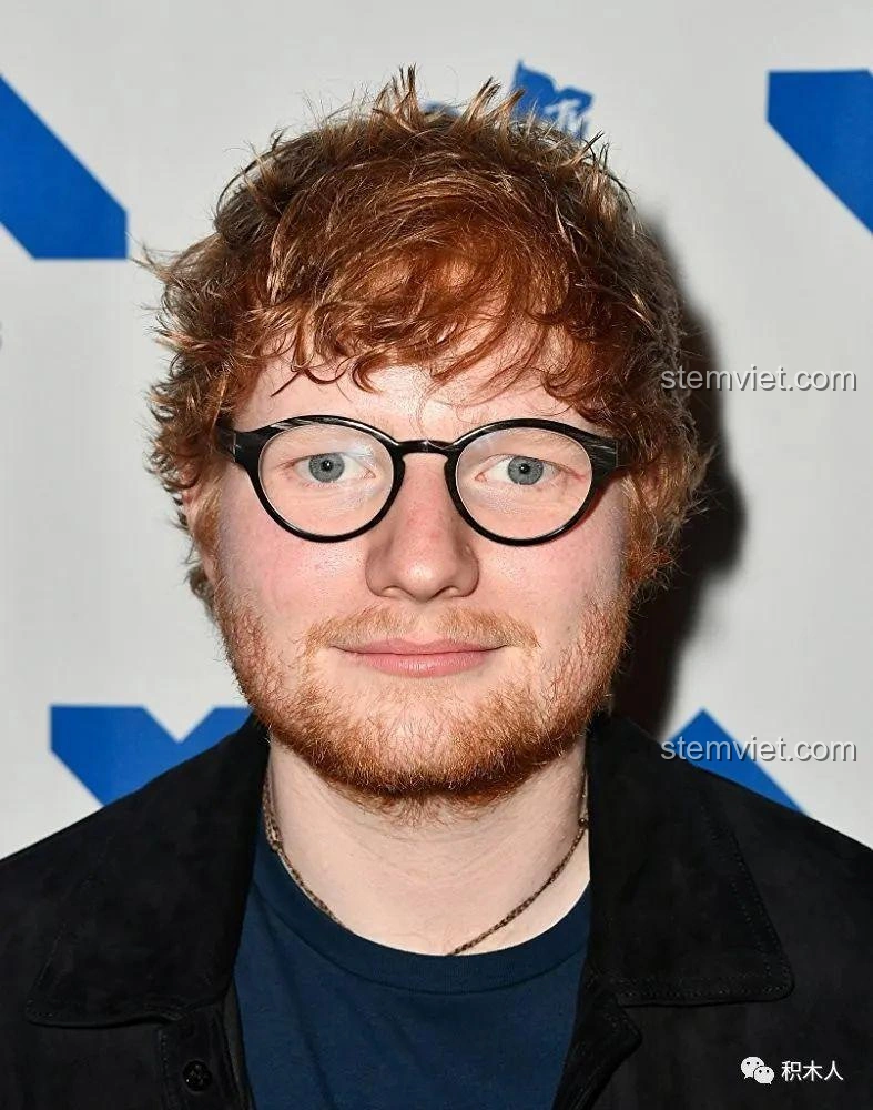 Chân dung ca sĩ Ed Sheeran ngoài đời thực với mái tóc đỏ và kính, là nguồn cảm hứng cho bộ minifigure WM 6093.