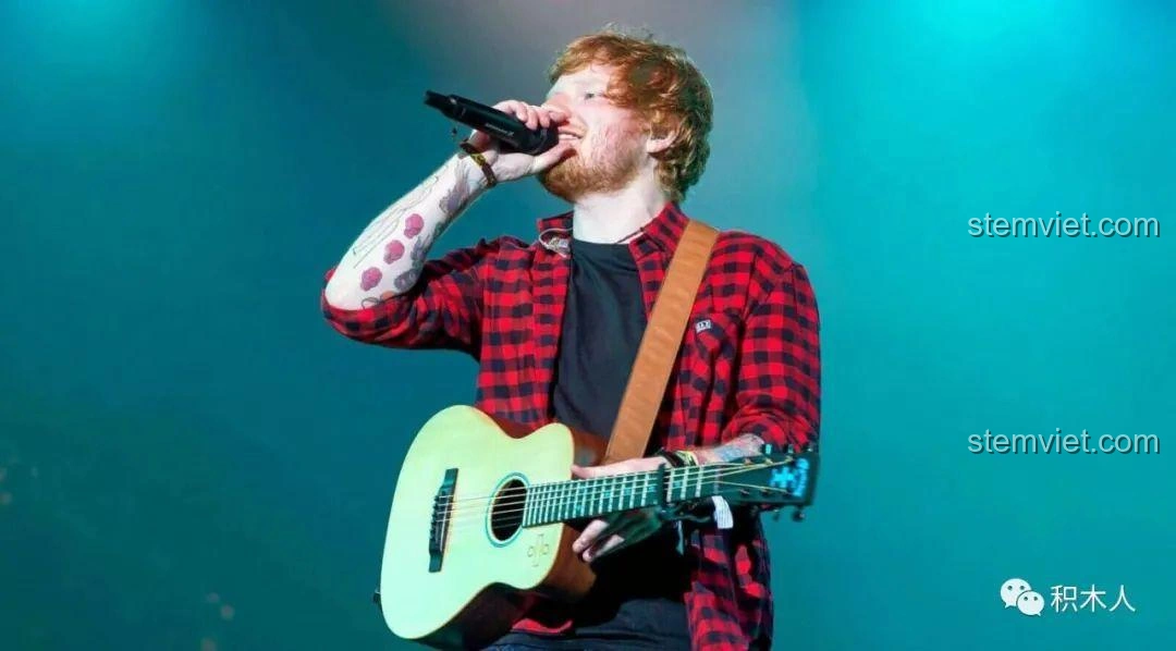 Ed Sheeran biểu diễn trên sân khấu với áo kẻ caro và guitar, hình ảnh quen thuộc của anh.