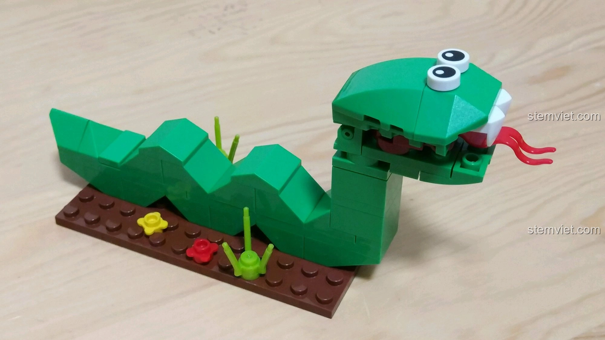 Mô hình Rắn Tỵ trong tư thế sẵn sàng tấn công, thân uốn cong và đầu ngẩng cao, chi tiết mắt và lưỡi rõ nét.