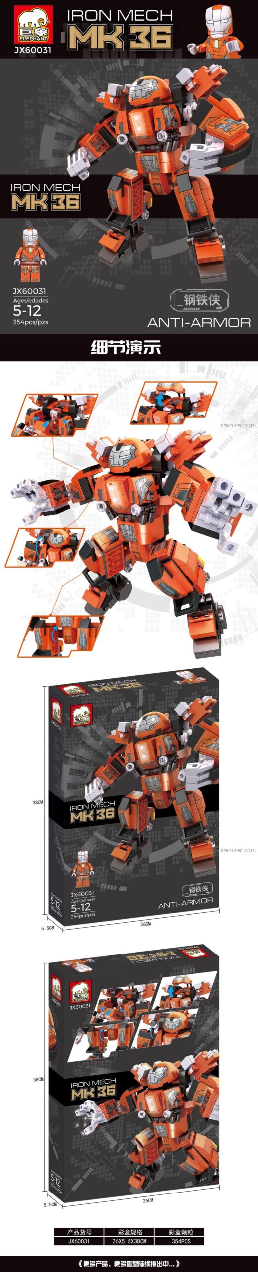 Đồ chơi lắp ráp Người Sắt Phản Hulk Elephant JX60031, chi tiết và kích thước hộp đồ chơi mô hình Giáp Sắt MK 36, phù hợp bé trai 5 tuổi.