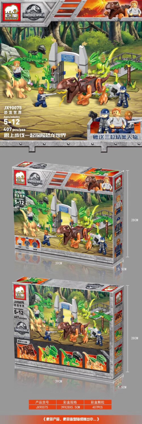 Bộ lắp ghép Thế giới Khủng long Kỷ Jura ELEPHANT JX90075, đồ chơi mô hình Công viên Khủng long cho bé trai 5-12 tuổi, giá tốt, chất lượng cao, có 407 mảnh ghép và 3 minifigures.