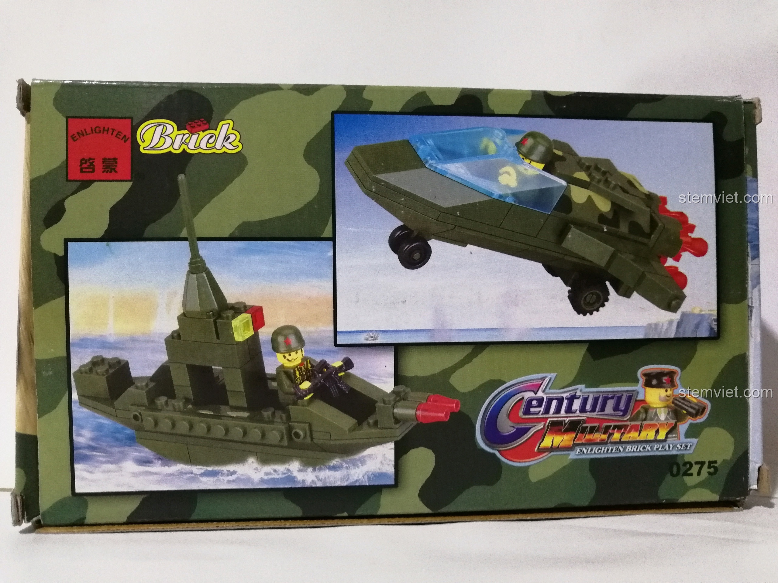 Mặt sau hộp Enlighten 0275 hiển thị hai mô hình có thể lắp ráp: máy bay chiến đấu Phantom và một chiếc thuyền tuần tra quân sự.