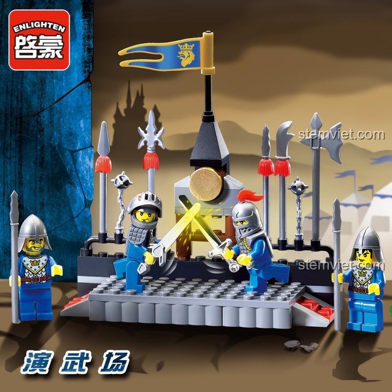 Đồ chơi lắp ghép Sân Đấu Hiệp Sĩ Enlighten 1014 với logo hãng, mô tả cảnh đấu kiếm của các hiệp sĩ, phù hợp bé trai 6 tuổi.
