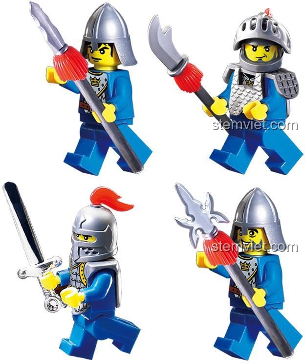 Chi tiết minifigure của bộ lắp ghép Đấu Trường Hiệp Sĩ Enlighten 1014, các hiệp sĩ với vũ khí đa dạng, chất lượng cao.