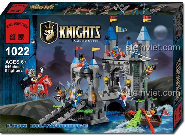 Hộp sản phẩm Enlighten 1022 Lâu Đài Hiệp Sĩ Cầu Treo Sư Vương, hiển thị 546 mảnh và 8 minifigure, đồ chơi lắp ráp giá tốt.