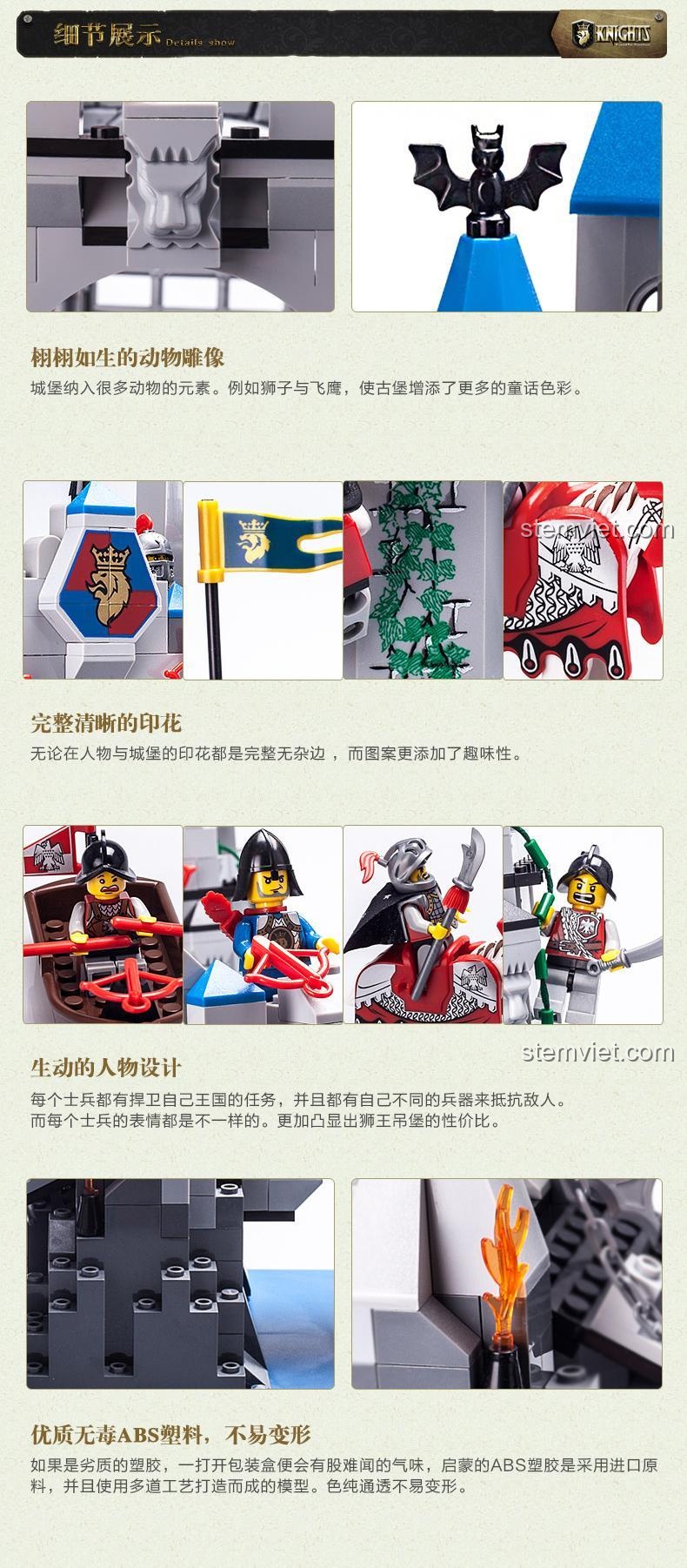 Chi tiết các minifigure hiệp sĩ và vũ khí trong bộ lắp ráp Enlighten 1022 Lâu Đài Hiệp Sĩ Cầu Treo Sư Vương, đồ chơi xếp hình cho bé trai.