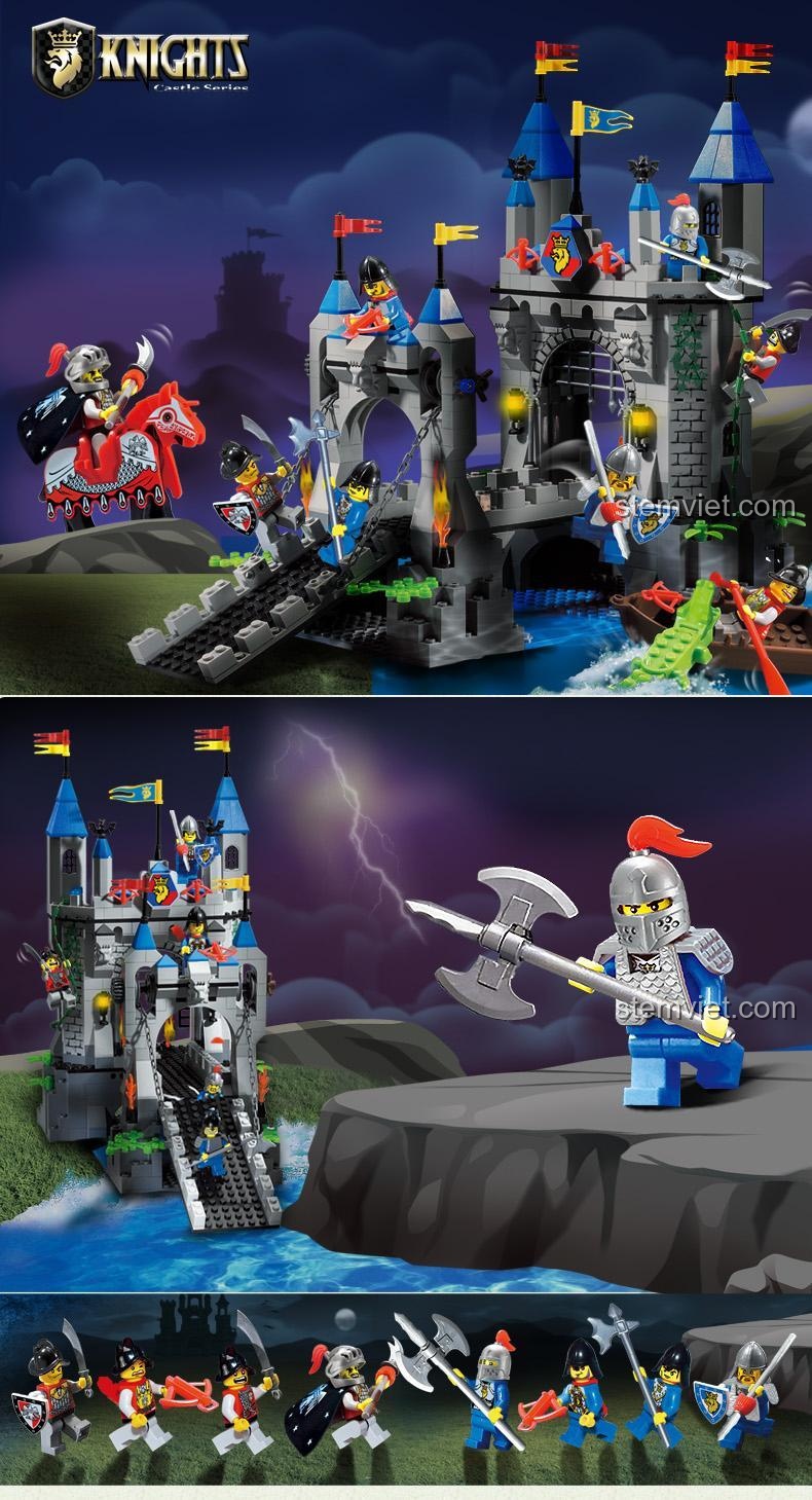 Quảng cáo bộ lắp ghép Enlighten 1022 Lâu Đài Hiệp Sĩ Cầu Treo Sư Vương, nhấn mạnh chủ đề hiệp sĩ và lâu đài, đồ chơi mô hình cho bé trai.