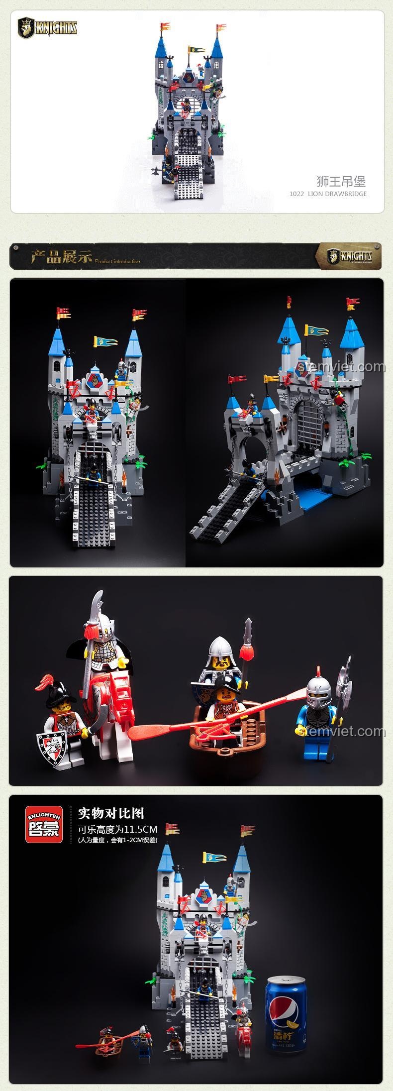Bộ lắp ghép Enlighten 1022 Lâu Đài Hiệp Sĩ Cầu Treo Sư Vương so sánh kích thước với lon nước ngọt, đồ chơi mô hình giá tốt.