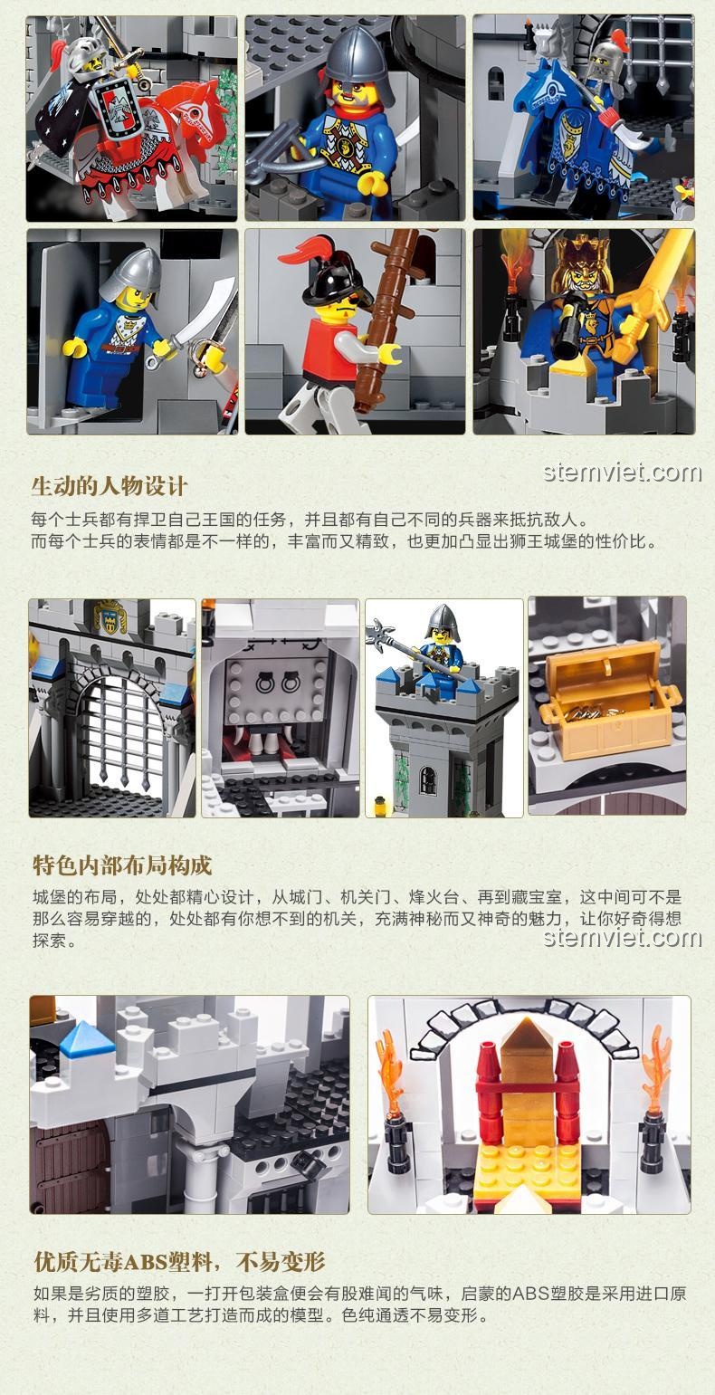 Chi tiết minifigure và chất liệu nhựa ABS cao cấp của bộ lắp ghép Lâu đài Sư Tử Enlighten 1023, đồ chơi lắp ráp chất lượng cho bé trai 6 tuổi