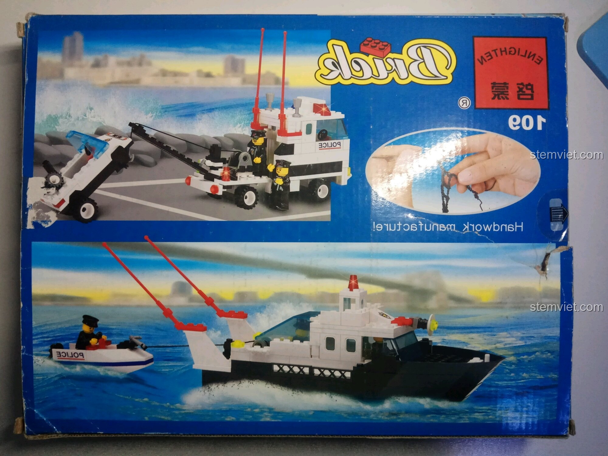 Mặt sau hộp bộ lắp ráp Tàu Tuần Tra Cảnh Sát Enlighten 109, thể hiện các chi tiết và cách chơi.