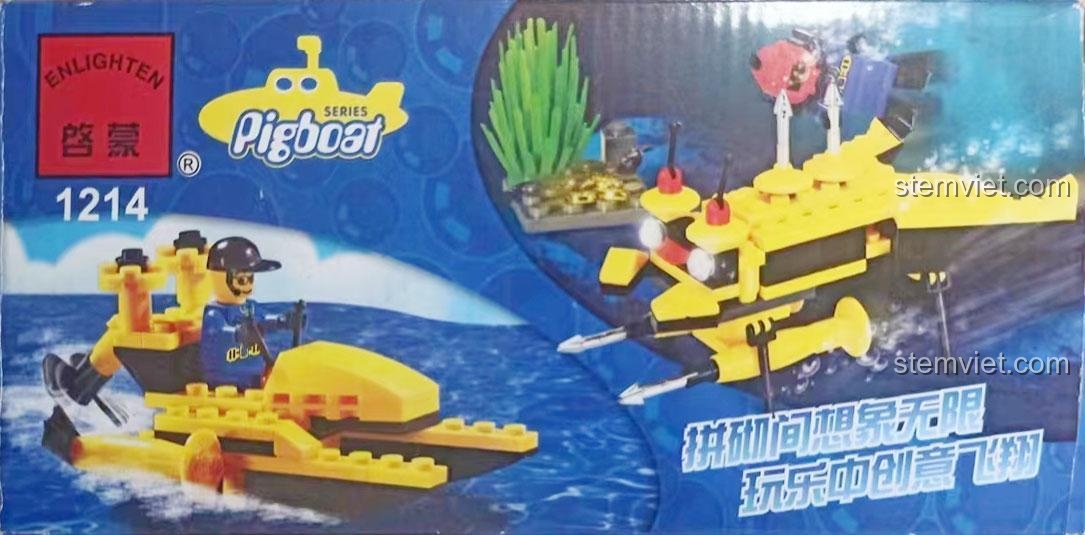 Mặt bên hộp đồ chơi ENLIGHTEN 1214 Tàu Lặn Mini Khám Phá Biển Sâu với hình ảnh mô hình tàu lặn đang di chuyển trên mặt nước và các dòng chữ quảng cáo.